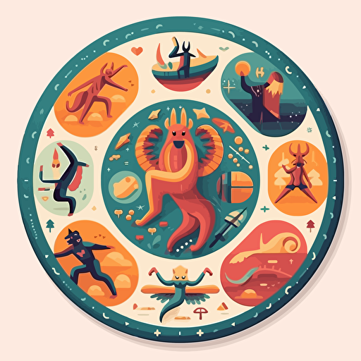 illustration, ultimate frisbee, flying disc, anthropomorphic creatures without labels or categories, inspired by elements of nature, pure emotions, 5-color palette, vectorized illustration, colors not repeating side by side, geometric shapes and curves, different layouts