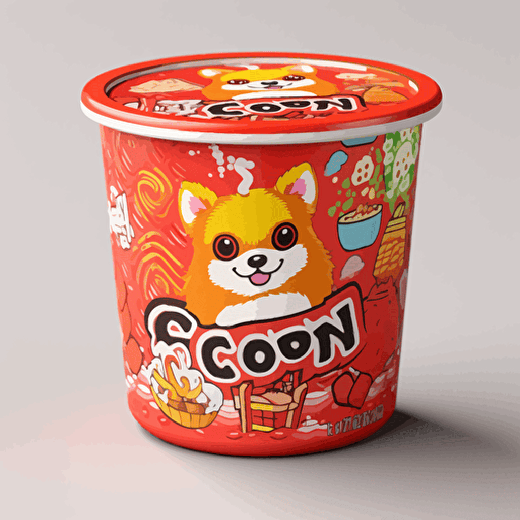 a japanese Instant noodles packaging design with happy chibi corgi anime mascot and color labels, with bowl of chicken noodles, vibrant colors, vivid colorful, cute, adorable, intricately
