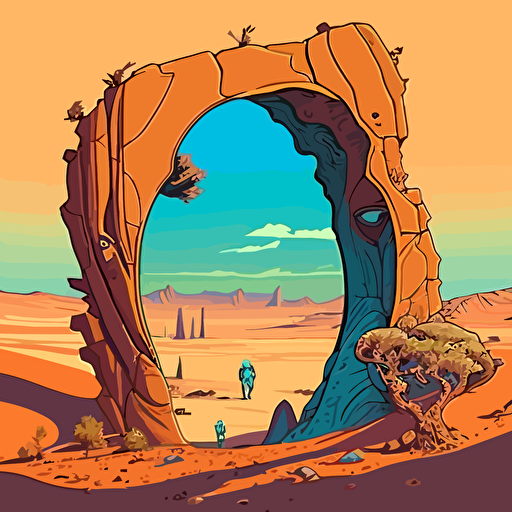 desert portal by moebius, comic book style, 2d vector art, flat colors