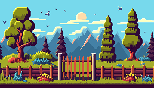 vector cartoonish illustration of a pixel land with a nice fence