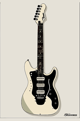 full size electric guitar illustration with black outline, retro style, vector art, illustration, black outline, 4 muted colors, white clean background