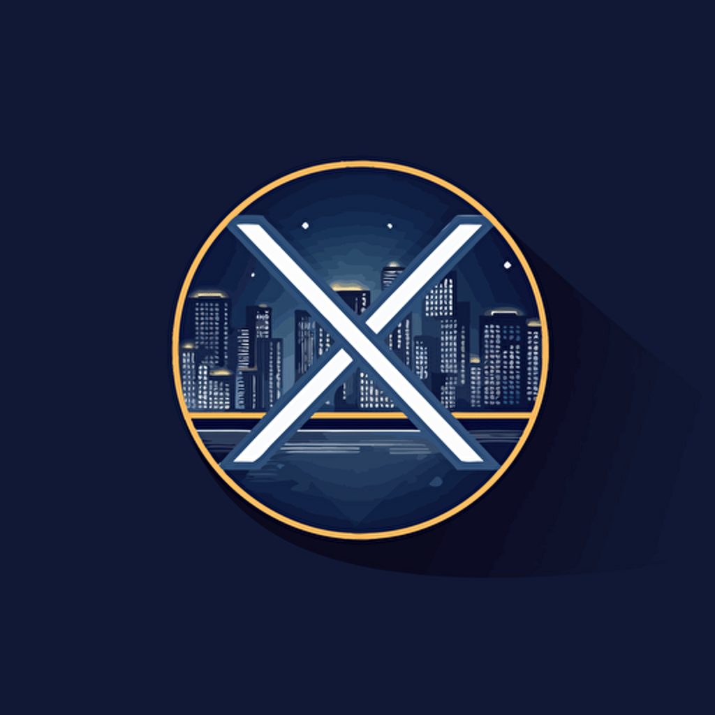 clean, minimalist, navy blue X letter mark logo, commercial buildings in the background, vector emblem, smooth, navy blue, tech style