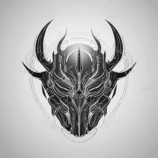 A front view of a mask, futuristic, symetrical, wires. black ink on paper, military, manga. industrial, noire, fashion, dark background, sewers. horns::