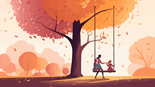 big beautiful tree with a girl on the swing and parents standing looking at the girl, vector ilustration