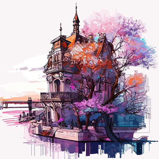 landscape, medieval paris overlooking the thames, urban sketch, travel drawing, pen drawing, watercolor painting, architecture drawing, cherry blossoms, vector:: style of mondrian, henry ossawa tanner, lisa frank