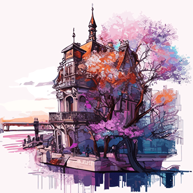 landscape, medieval paris overlooking the thames, urban sketch, travel drawing, pen drawing, watercolor painting, architecture drawing, cherry blossoms, vector:: style of mondrian, henry ossawa tanner, lisa frank