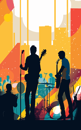 low contrast vector design using bright primary colours of a band performing on the big stage in the city, sunny bright day