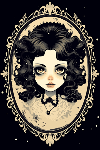 goth girl that looks like a creepy doll brought to life. Think black button eyes, porcelain skin, and a lace collar. The image should feel both eerie and adorable, digital illustration,vector design,logo design, diamond shaped frame
