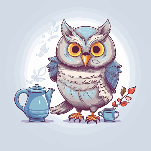 happy relax owl holding a glass coffee pot, a coffee cup beside the owl, vector, illustration for sticker, illustrator, vector art illustration style, grey background, high resolution,