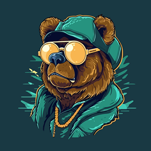 2d Minimalist logo design of a bear smoking marijuana dressed in hip hop attire, splash art, vector art