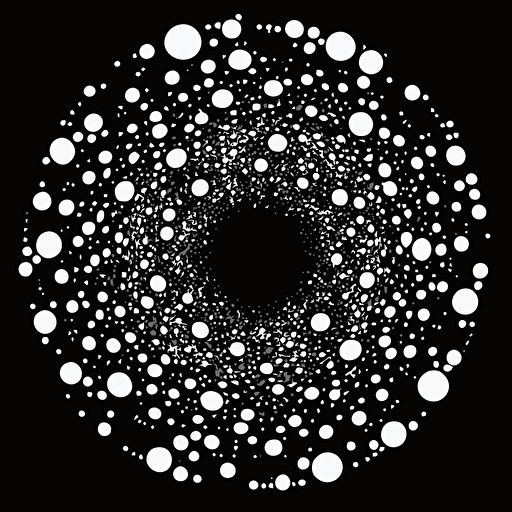 a circle of randomized connected dots, white, black background, vector art, no shading