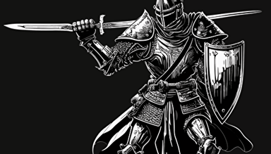 detailed vector image of an armored knight that is wearing armor that looks like bones in a dynamic warrior pose holding a huge sword, black and white only, black outline, white background,