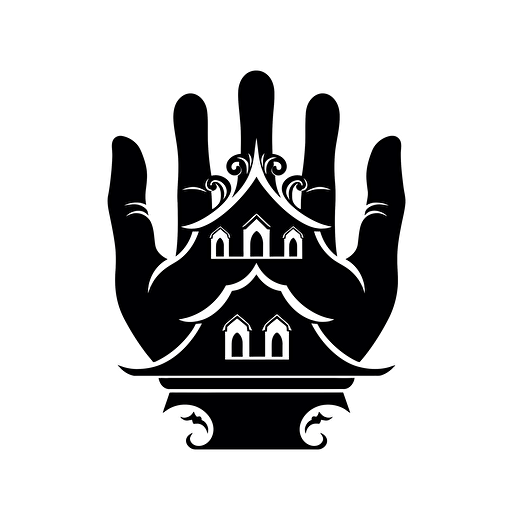 hands arranged in a way that resembles the shape of a house with a window and a crown on top, black on white, vector, icon, negative