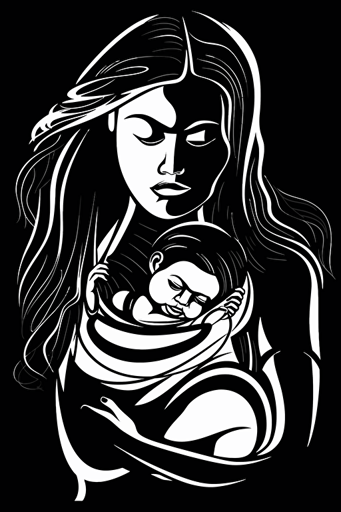 a stunning mother and her baby, the mother is nursing the baby in her arms closely against her large pectorals, black and white vector with strong contrast