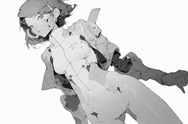 Cyberpunk girl Ilya Kuvshinov Yoshitaka Amano core fashion shoot, white background, vector style outline, black and white, simple outline,