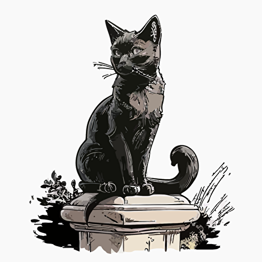 archer drawing style, hand drawn cartoon, black, cute female cat sitting on a pedestal, white background, vector, High definition