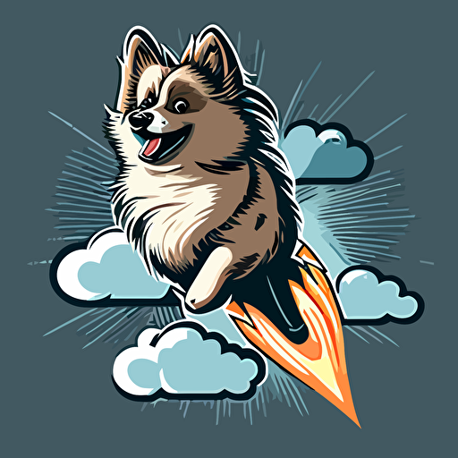 grey and brown, keeshond dog flying on top of a rocket, simple vector art, cartoon style, Adobe Illustrator style art ::