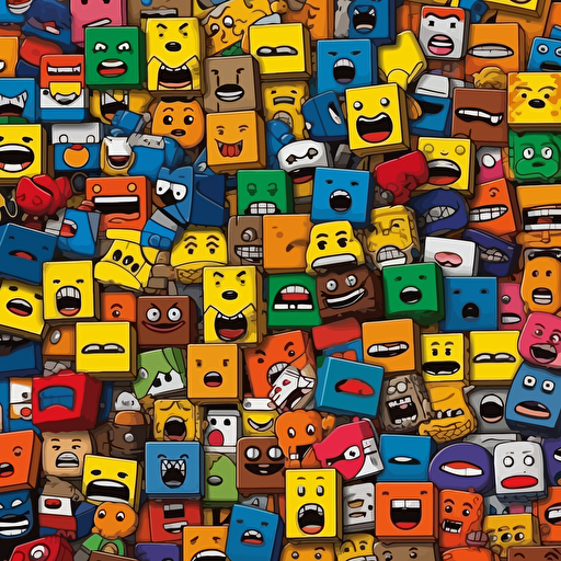 cartoon style vectorized hundreds of lego heads diferent expressions