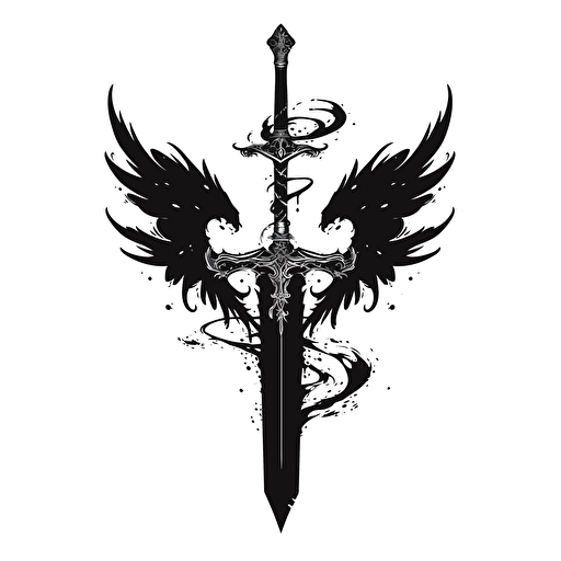 black logo of a sword that turns into a fountain pen with dragon wings and swirling ink, minimalistic, black logo on a white background, vector logo design