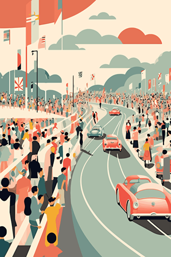 modern poster, 1950's racing event, speed, flags, spectators, summer, minimalistiv vector art, light colours,
