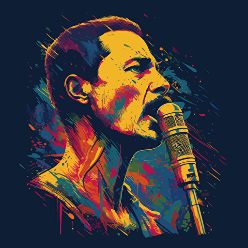 vector design of freddy mercury singing into microphone, intricate, colourful