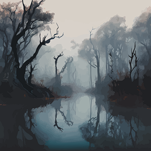 in vector art style, a Split level shot showing above and below the swamp water. The scene is murky, reflecting the gray sky above. Thick fog blankets the landscape, obscuring the trees and casting an eerie glow on the scene. The air is heavy with the scent of damp earth and decaying vegetation. Cyprus trees stand tall and gnarled, their roots dipping into the murky waters. The twisted branches are home to all flying insects, their wings a blur of movement in the mist. As you peer closer, you can see the shadowy depths of the swamp beneath the water's surface. Sluggish water creatures slink and slither through the tangled roots, unseen by those who walk above. It's a querulous landscape, full of mystery and hidden dangers. You can't help but feel a sense of unease as you make your way through the murky waters and tangled undergrowth