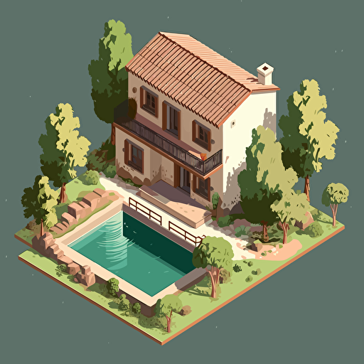small humble spanish cottage, small pool, vector, isometric, hill, forrest