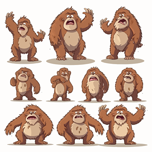 Cute Bigfoot , vector style, multiple poses and expressions, white background