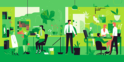 men and women, workplace, vector, flat, happy, corporate, office, collage, colorful, green colors