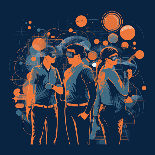 A picture of VR experts that symbolize sounding board, problem solving, Vector style, dark background, blue, white, orange