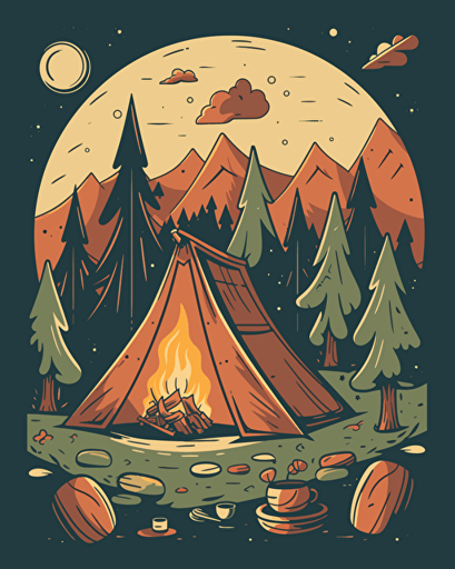 campfire, retro aesthetics, vector image, sticker design, pantone color scheme: 12-1706 TCX, 12-0824 TCX, 15-0146 TCX, 15-1164 TCX, 16-6340 TCX, 17-4247 TCX, 18-2043 TCX, 19-6026 TCX. The final piece should exude a warm, holiday-like ambiance.