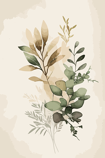 Simple neutral beige and green abstract watercolour botanical illustration, vector