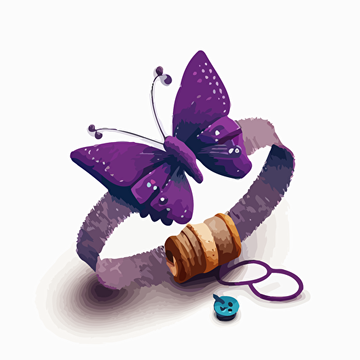 handmade bracelet with spool of thread and purple butterfly logo, flat, vector style, white background.