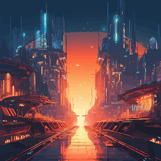 An anime landscape cyber punk, 5D, robotic, Flare, Volumetric Lighting vector
