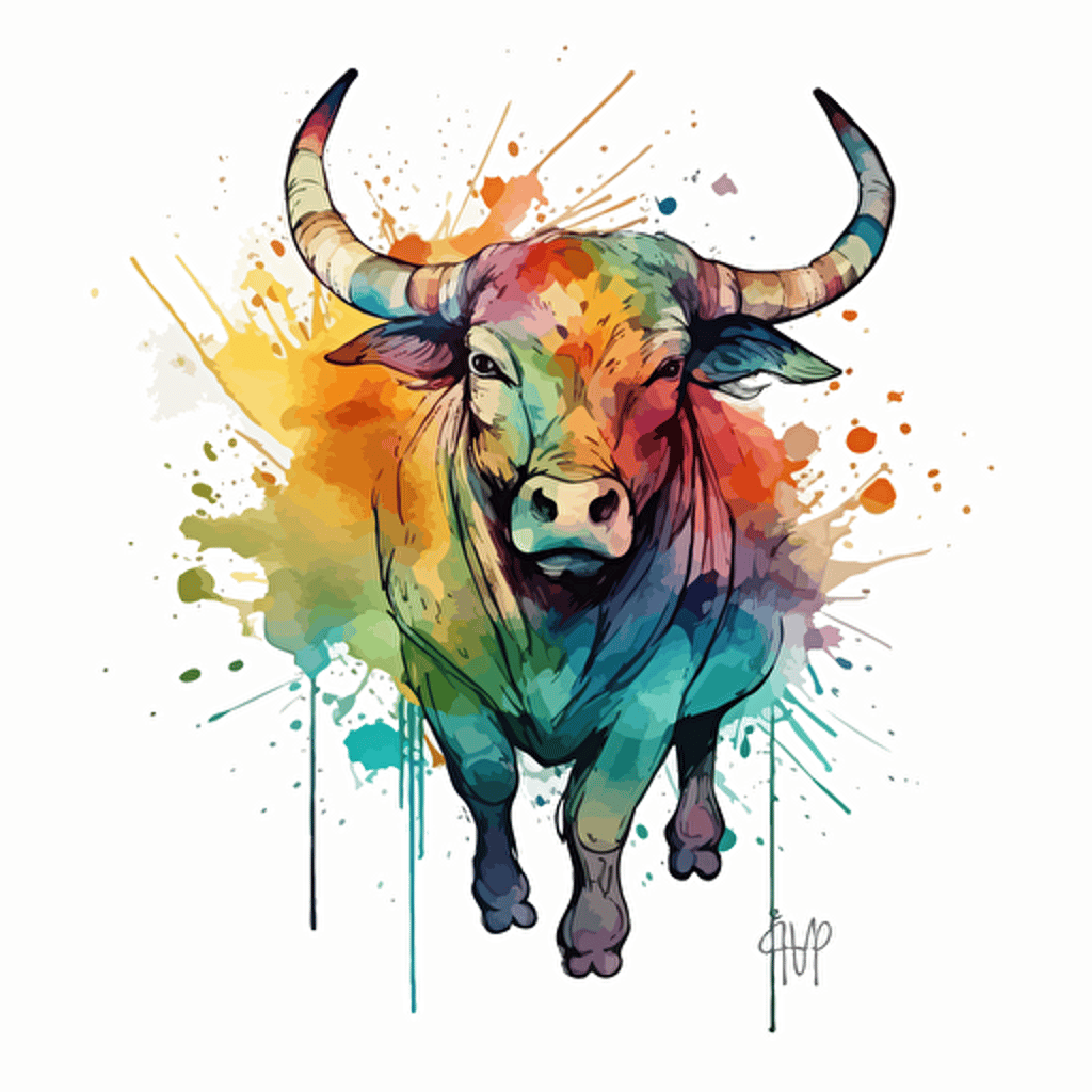 vector line drawing of taurus bull, with multicolor, watercolor background.