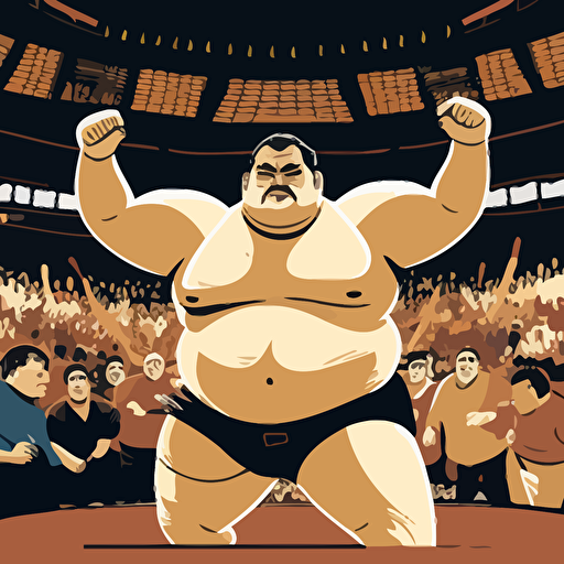 Inspired by Japanese sumo wrestling, create a vector illustration of Satoshi Nakamoto attending a sumo match at a traditional arena, cheering for his favorite wrestler. Set the scene during an exciting and intense competition.