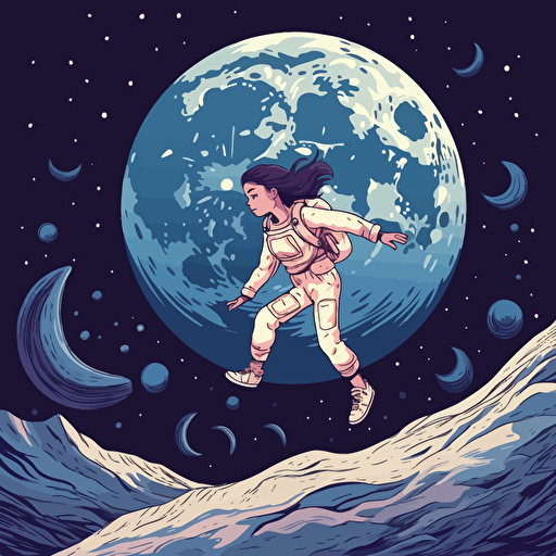 a young girl in a space suit bouncing on the surface of the moon. Stars in the distance. Vector illustration.
