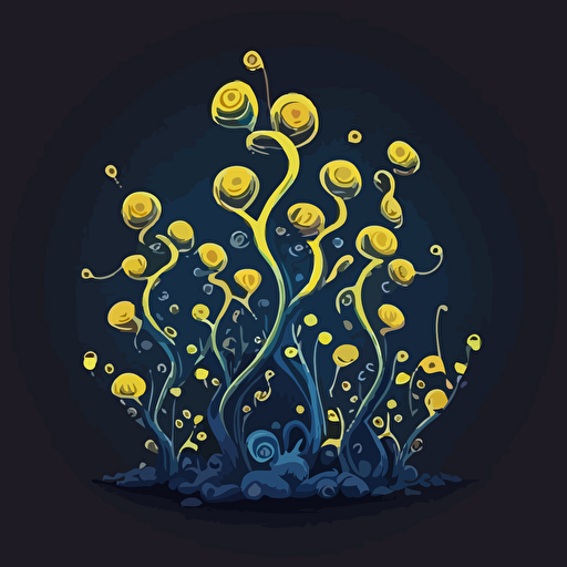 tiny curly sprouts, hand draw vector style, blue and yellow colors, similar to pattern style, dark background