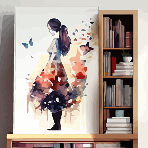 watercolor vector art, pastel abstract illustrations, cozy bookshelf, joyful, powerful, in dress, watercolor, butterfly, flowers