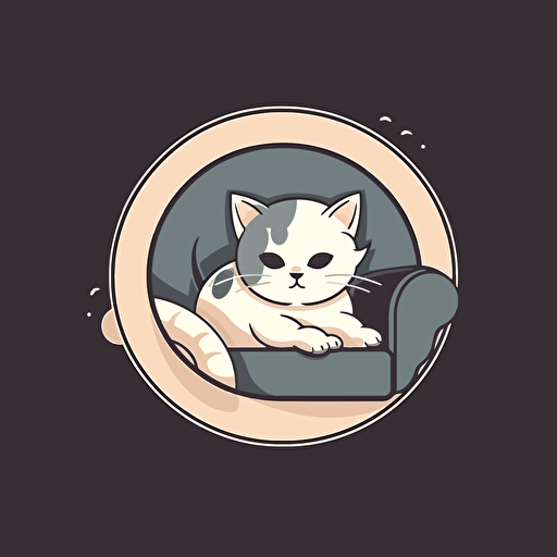 Cute kitten on sofa, circle logo, vector