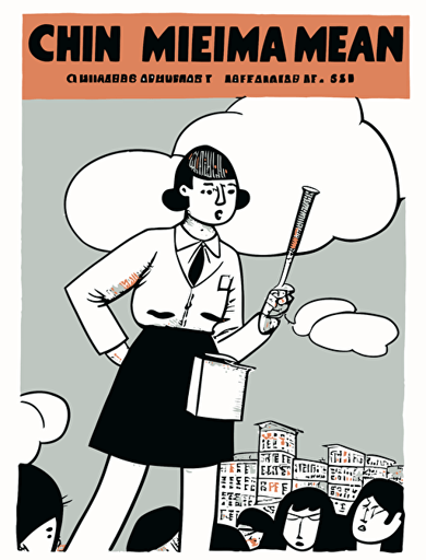 Ben Shahn, American comics inner paper style. There are an Asian young climate activist, a delivery rider, a female human rights activist, and a worker, and they imagine a "hammer" together on a big stage, hammer illust in a thought cloud, non-letter illustration. white background, vector drawing.