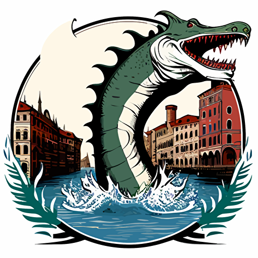 punk rock lochness monster in the canals of venice, vector logo, vector art, emblem, simple cartoon, 2d, no text, white background
