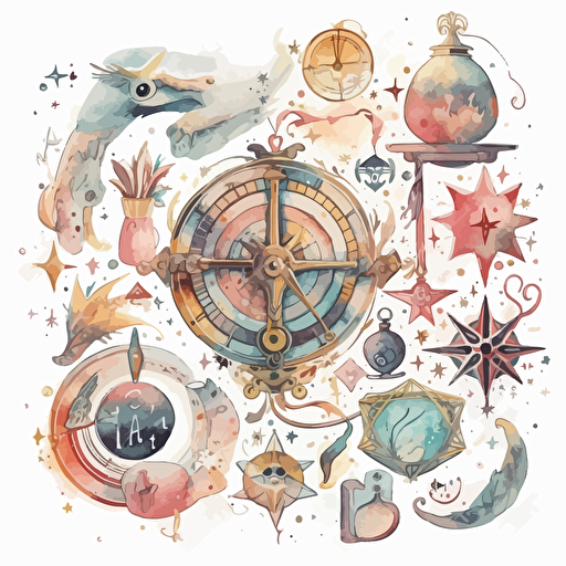 alchemy and astrology symbols, galaxy, whimsical dreamy style, muted colors vector digital painting, white background