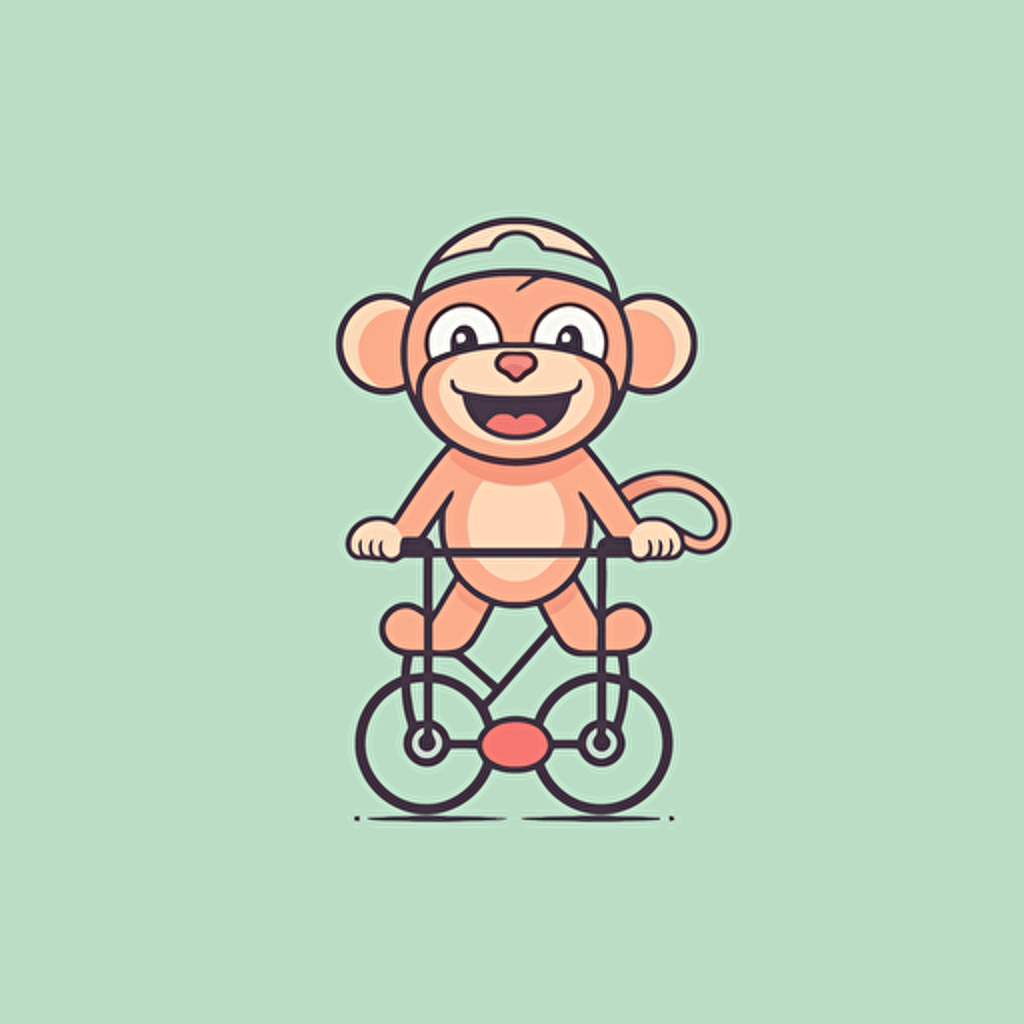 Monkey, Riding a Bicycle, Joyful Pastel Colors, Soft Lighting, Comic vector illustration style, flat design, minimalist logo, minimalist icon, flat icon, adobe illustrator, cute, Simple