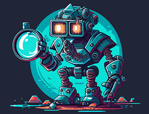 2d vector illustration of a robot looking through a magnifying glass