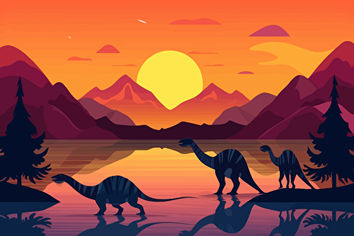 vector style dinosaurs mountains sunset lake