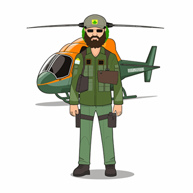 wearing sunglases. man with beard in a helicopter uniform and wearing a helmet standing in front of a green helicopter. vector. white background. no background