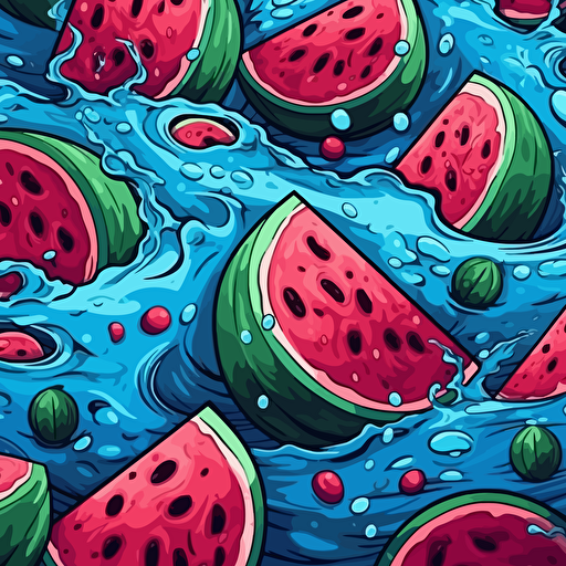 watermelon bath illustration, epic composition, 2d vector, blues and pinks, seamless pattern