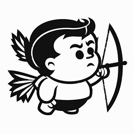 simple vector of a small and chubby cupid, flying and shooting arrow, en profil, black on white background