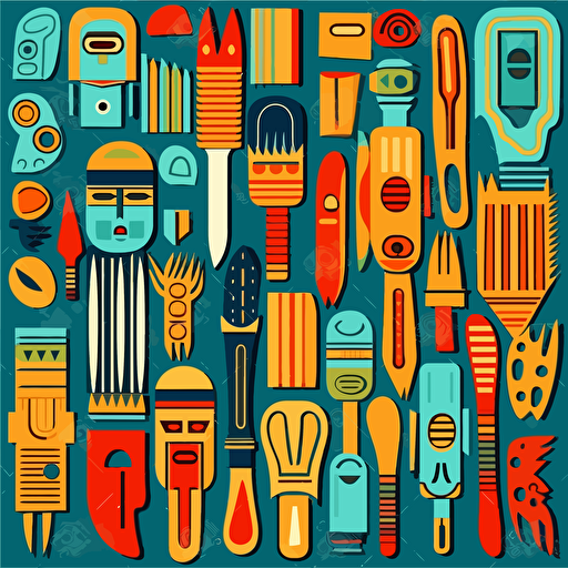 assorted group of colored wooden tools, african style, pop art, flat art, vector art